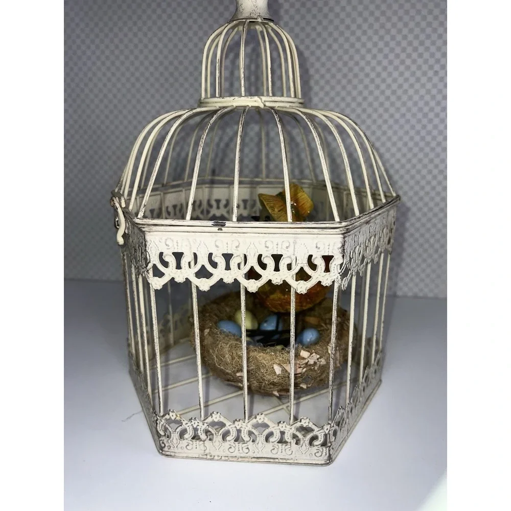 Bird Cage Vintage Cream Color Metal Shabby Chic Cottage Hinge Clasp Lift Top